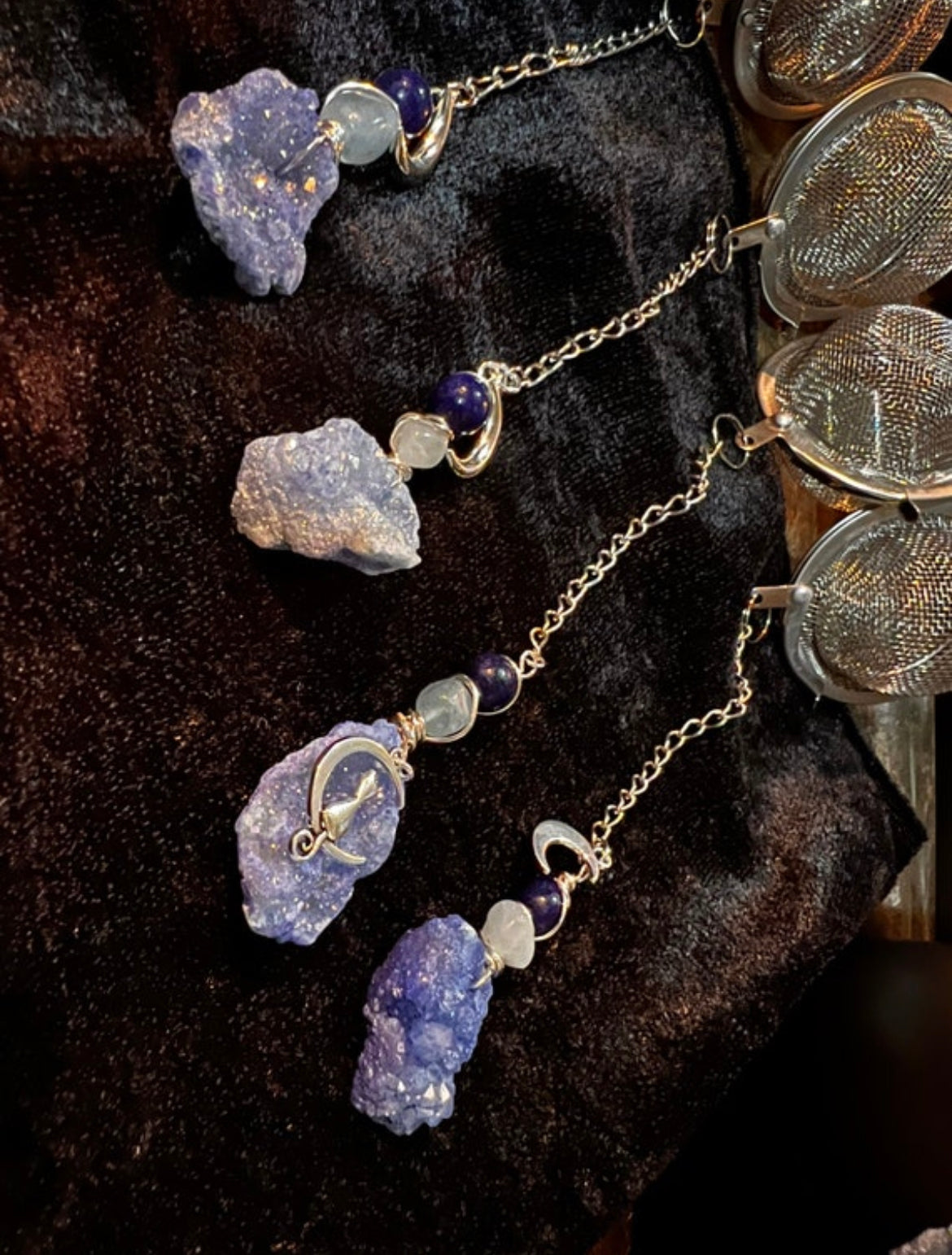Druzy Crystal Tea Ball- Aqua Blue Aura Quartz Druzy Crystal, Lapis Lazuli and Aquamarine Beads, Mesh Tea Strainer