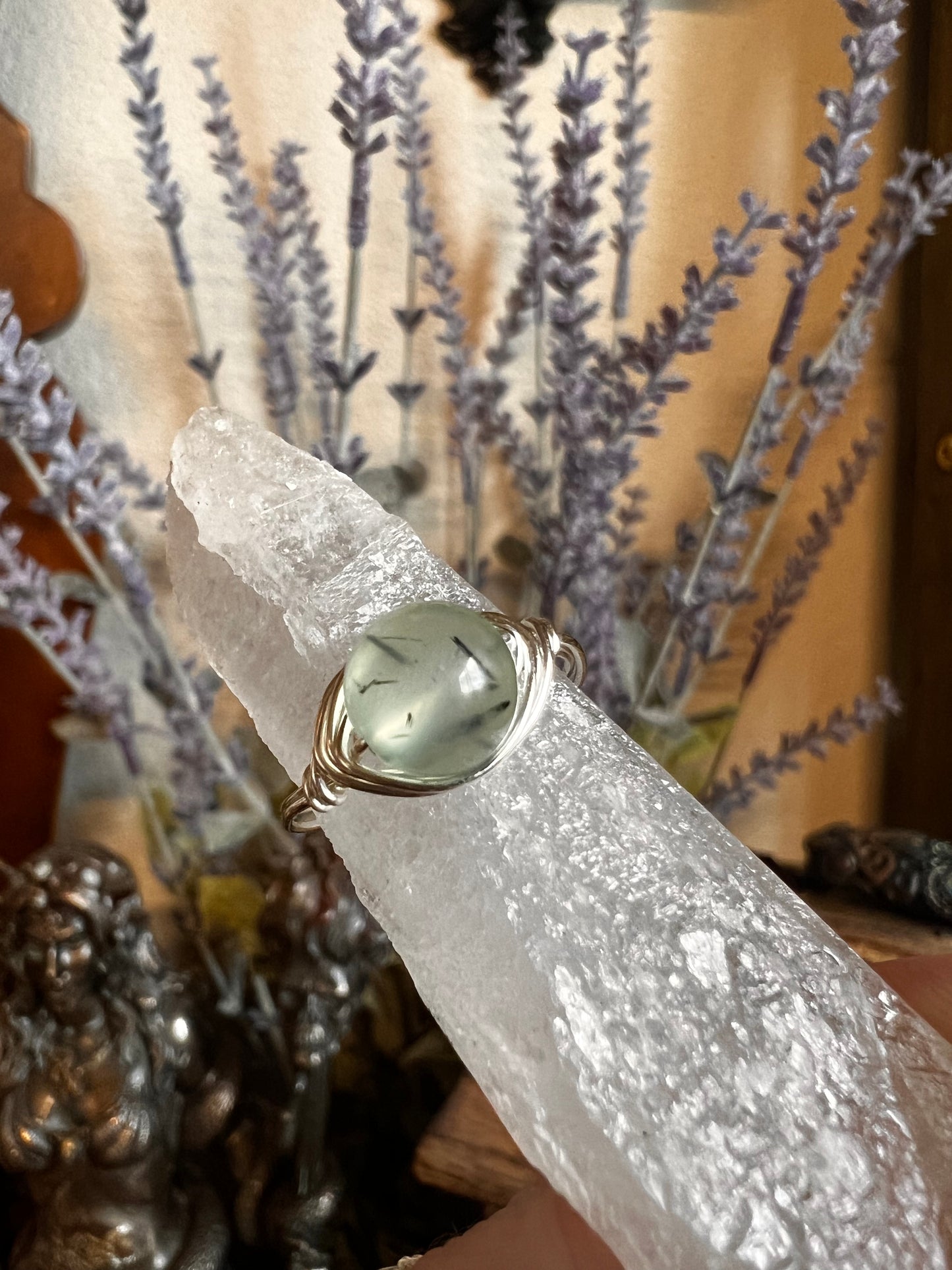 Rutilated Prehnite Wire Wrapped Ring