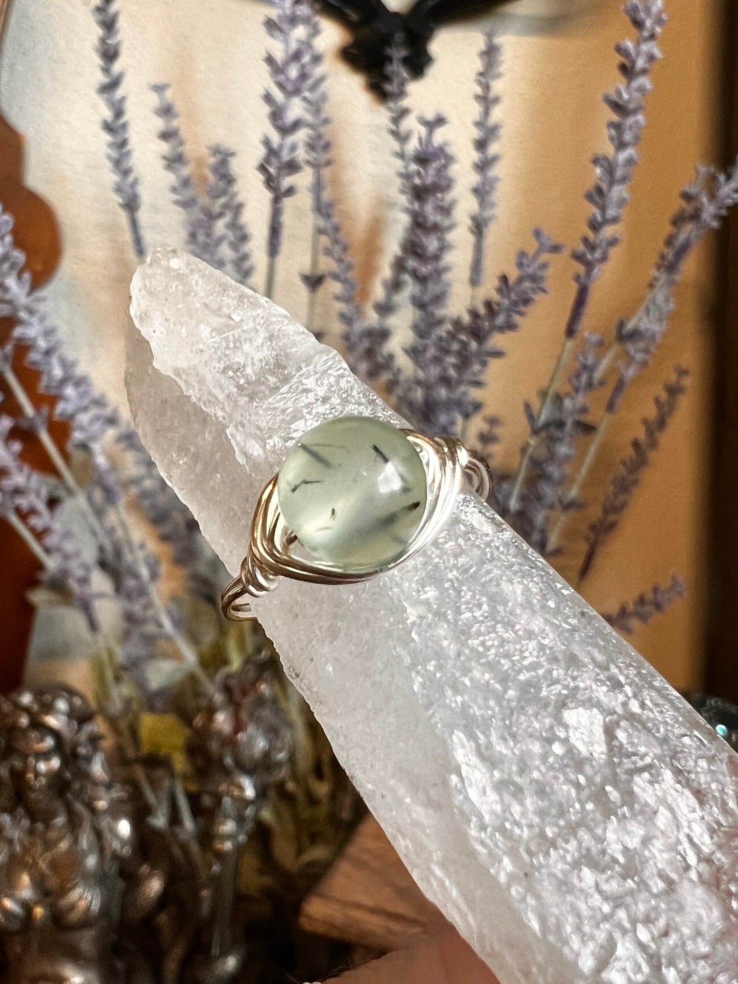 Rutilated Prehnite Wire Wrapped Ring